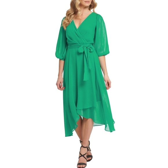 DKNY by Donna Karan 3/4 Balloon Sleeve V-Neck Chiffon Faux Wrap Midi Dress💛 - Picture 1 of 3